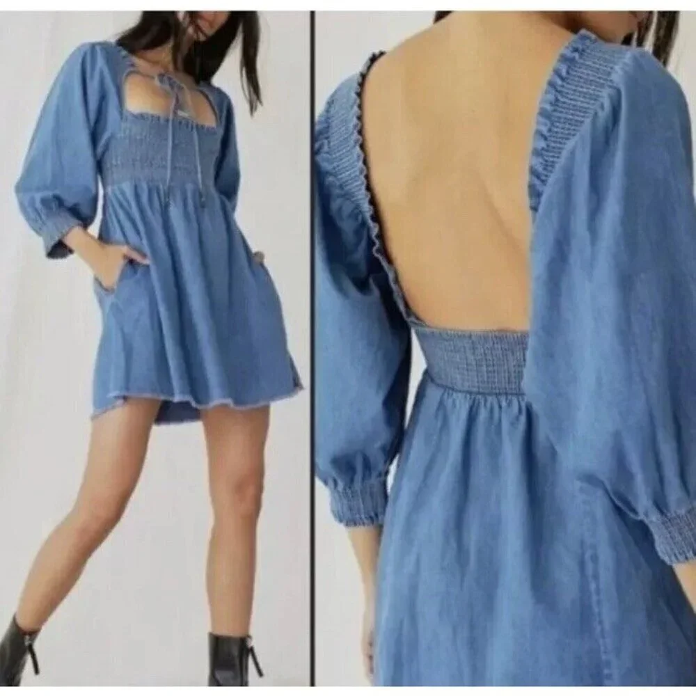 Free People Smocked Mini Dress This Is Everything Black Boho Sz‎ Medium NEW